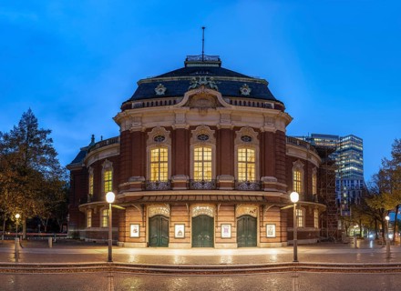 Laeiszhalle, formerly Musikhalle Hamburg, at Johannes Brahms Platz at Blue Hour with light clouds