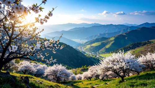 Landscape with a blooming apricot tree, idilyc spring nature, green grass and mountains in