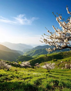 Landscape with a blooming apricot tree, idilyc spring nature, green grass and mountains in
