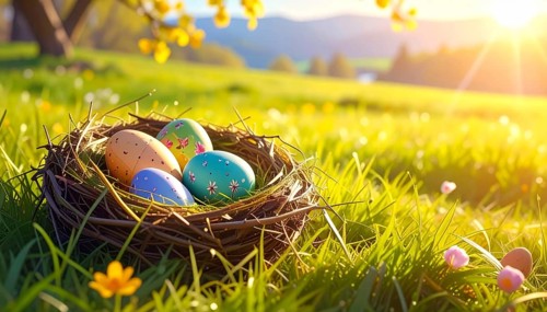 Nest with easter eggs in a basket on grass, sunny spring day, fresh beautiful landscape at
