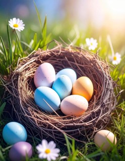 Nest with easter eggs in a basket on grass, sunny spring day, fresh beautiful landscape at