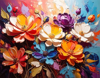 Closeup of abstract rough colorful multicolored organic floral spring flowers art painting texture,