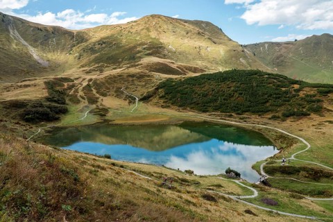 Schlappoldkopf and Söllerkopf are reflected in Schlappoldsee, Fellhorn, Oberstdorf, Oberallgäu,
