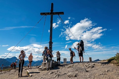 Summit with Fellhorn summit cross, Oberstdorf, Oberallgäu, Allgäu, Bavaria, Germany