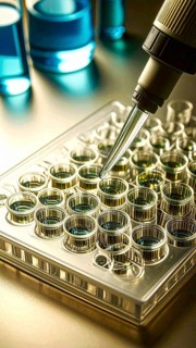 Pipette approaches a golden multiwell plate amid warm lab glow, Pipette dispensing a liquid onto a
