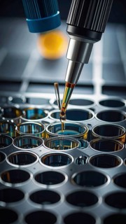 Automated pipetting hovers over reflective wells in an industrial lab mood, Pipette dispensing a