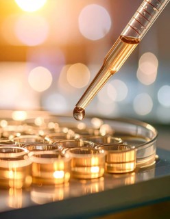 Amber light highlights a pipette poised above circular wells, Pipette dispensing a liquid onto a