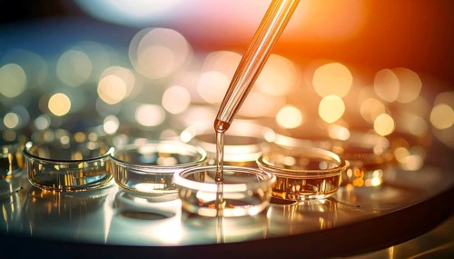 Golden light bathes a pipette as reagent flows into clear wells with dreamy bokeh, Pipette