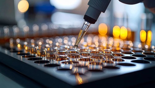 A forming droplet glints above metal wells lit by amber lab lights, Pipette dispensing a liquid