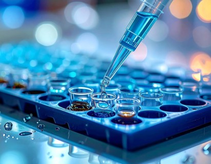 Blue reagent drips into a microplate amid glowing bokeh and crisp reflections, evoking a cool,