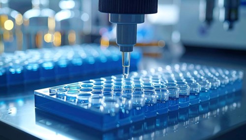 Automated pipette aligns over a blue microplate, a droplet forming in a high-throughput lab setup,