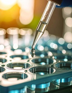 Gleaming droplet hangs from a pipette above a blue microplate in sunlit warmth, Pipette dispensing