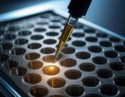 A pipette dispenses amber reagent into a dark microplate with dramatic contrast, Pipette dispensing