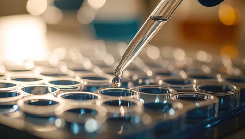A droplet descends from a pipette toward reflective wells under mixed warm and cool light, Pipette