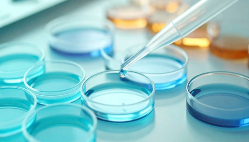 A pipette releases a drop into blue petri dishes in a bright clinical setting, Pipette dispensing a