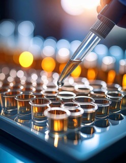 A pipette releases a drop toward glowing wells filled with warm reagent, Pipette dispensing a