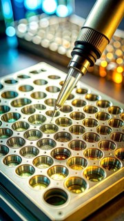 A precision pipette targets golden microplate wells in a vibrant lab scene, Pipette dispensing a