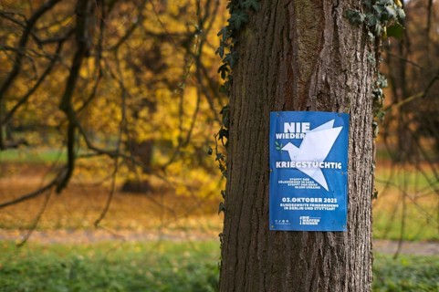 Poster on a tree trunk, call for a demonstration against war, peace demo, dove of peace, day of