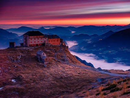 Watzmannhaus at dawn, fog in the valley, Berchtesgaden National Park, Schönau am Königssee,
