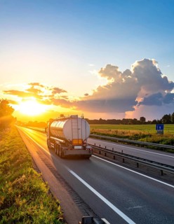 Petrol cargo truck lorry tanker driving on highway hauling oil products at sunrise, wide hilly