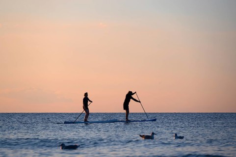 Two stand up paddlers on the Baltic Sea in the evening light, Ahrenshoop, Darß, Mecklenburg-Western
