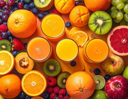 Fresh fruit juices in glasses, surrounded by colorful fruits, showcasing healthy drinking and