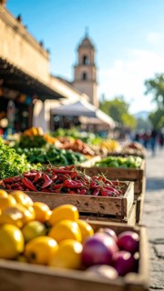 Traditional Mexican plaza with crates of peppers, onions, and tomatoes, economic prosperity in