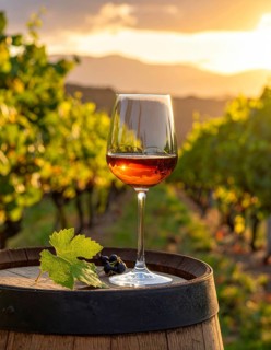 A glass of 10-year-old tawny wine placed on a barrel in a vineyard restaurant, vineyard landscape