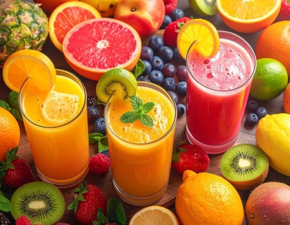 Fresh fruit juices in glasses, surrounded by colorful fruits, showcasing healthy drinking and