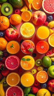 Fresh fruit juices in glasses, surrounded by colorful fruits, showcasing healthy drinking and