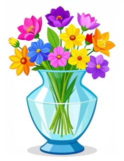 Crystal glass vase with vibrant blooming flowers, vibrant vector drawing illustration for fresh