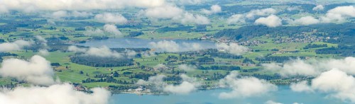 Panorama from Tegelberg, 1881m, of Hopfensee, in front of Lake Forggensee, Ostallgäu, Bavaria,