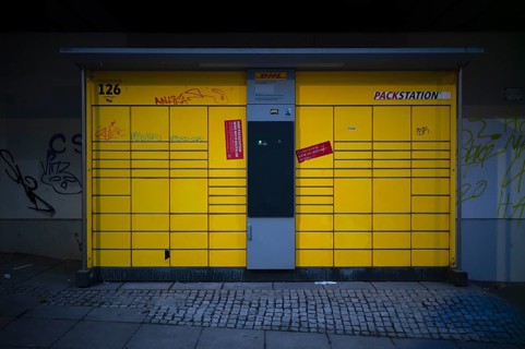 DHL Packstation, graffiti, dusk, Stuttgart, Baden-Württemberg, Germany