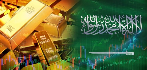 Gold bars stacked on Saudi Arabian flag. Saudi Arabia gold reserves, Concept