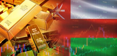 Gold bars stacked on Omani flag. Oman gold reserves, Concept