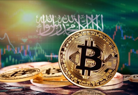 Bitcoin with Saudi Arabia flag in the background. Investors in cryptocurrency and Blockchain