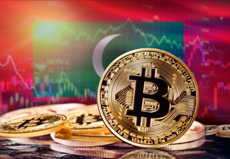 Bitcoin with Maldives flag in the background. Investors in cryptocurrency and Blockchain Technology