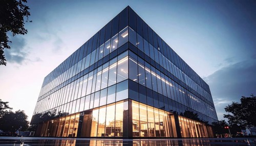 Modern building reflecting sunset light at dusk. Abstract Futuristic Business Background, AI