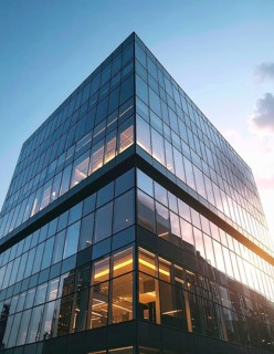 Modern building reflecting sunset light at dusk. Abstract Futuristic Business Background, AI