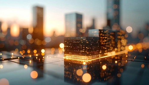 Modern building reflecting sunset light at dusk. Abstract Futuristic Business Background, AI