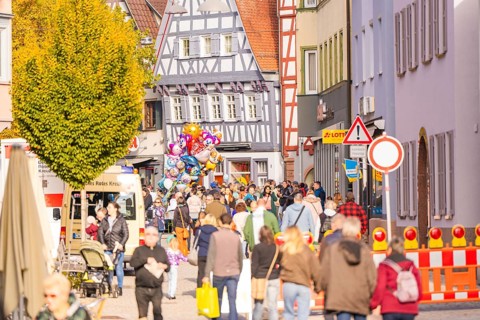 View of a busy street with half-timbered houses, construction site and crowd in the city,