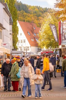 Families stroll across a busy market street under autumn leaves, Urschelherbst street festival,