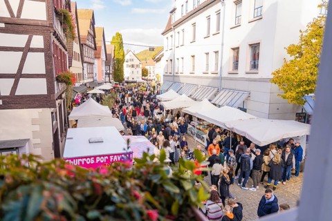 Lively market scene with tent stands and lots of people in a festive atmosphere, Urschelherbst