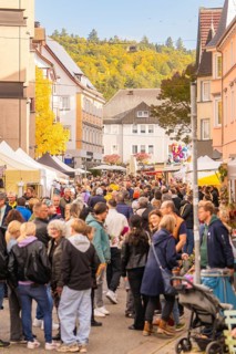 Crowded market street with lots of people and colorful autumn trees, Urschelherbst street festival,
