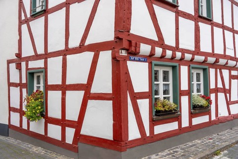 The old town of Ahrweiler, flood level mark, half-timbered house, renovated, restored, partly