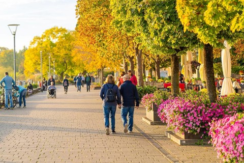 People walk along a blooming promenade in sunny autumn weather, Überlingen, Lake Constance, Germany