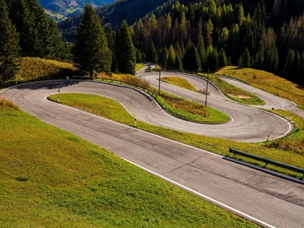 Pass road with many hairpin curves, Dolomite Road, Passo Pordoi, Dolomites, Alps, Belluno province,