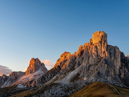 Passo di Giau at dusk, Giau Pass, in the back peaks of Ra Gusela, Nuvolau and Averau, Dolomites,