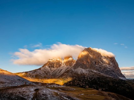 View from the Sella Pass to the Sassolungo Group, Val Gardena, Val Gardena, Dolomites, Trentino,