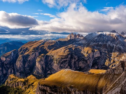 Puez Group and Geisler Peaks with fresh snow, Puez-Geisler nature park Park, Dolomites, Trentino,